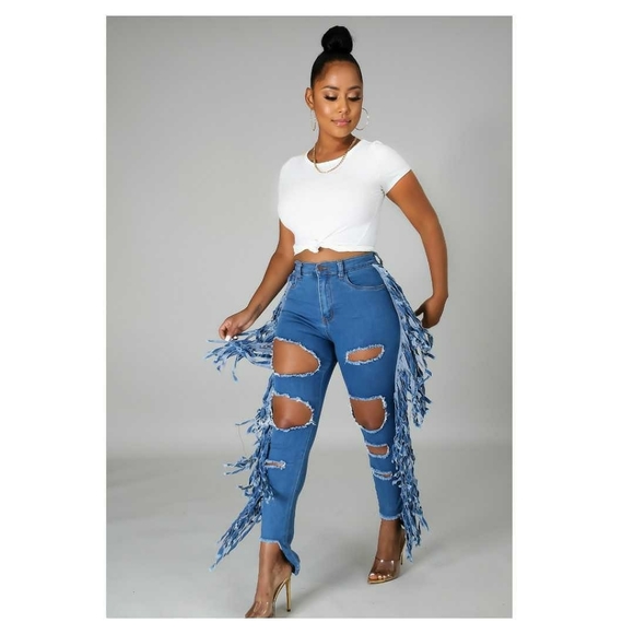 Distressed Fringe Jeans - Picture 1 of 1